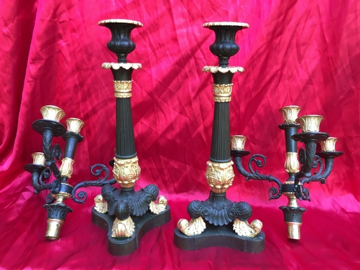 Empire style Candlesticks in gilded and patinated bronze, French 19th Century