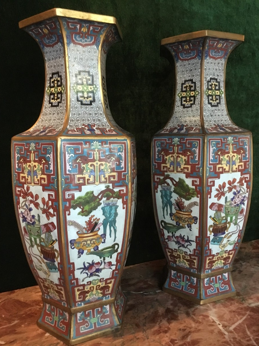 A Pair Of Large Asian Gloisonne Vases 20thc Dimensions 59 Cm