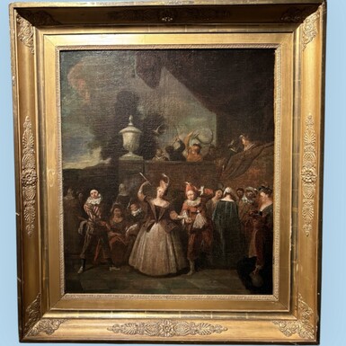 18th century painting ‘Dance scene with Harlequin’ oil on canvas. Decorative painting depicting a dance scene of nobles with a harlequin in a city garden.