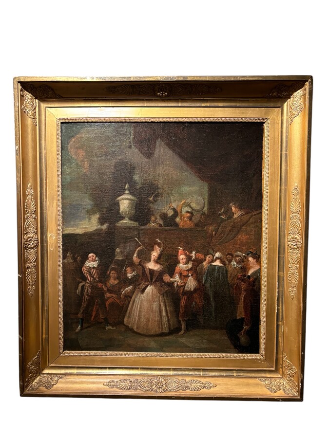 18th century painting ‘Dance scene with Harlequin’ oil on canvas. Decorative painting depicting a dance scene of nobles with a harlequin in a city garden.