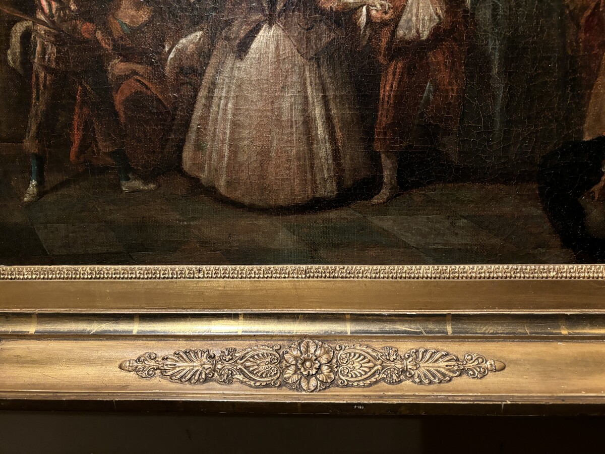 18th century painting ‘Dance scene with Harlequin’ oil on canvas. Decorative painting depicting a dance scene of nobles with a harlequin in a city garden.