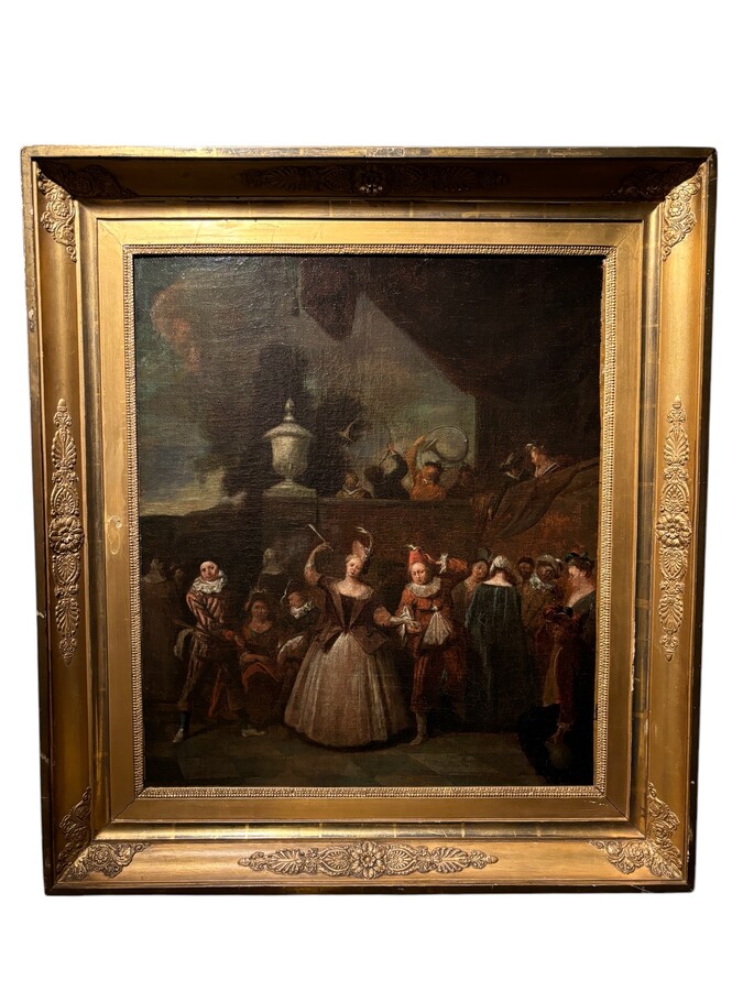 18th century painting ‘Dance scene with Harlequin’ oil on canvas. Decorative painting depicting a dance scene of nobles with a harlequin in a city garden in a beautiful gilt Empire frame. 