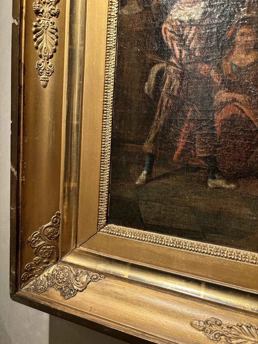 18th century painting ‘Dance scene with Harlequin’ oil on canvas. Decorative painting depicting a dance scene of nobles with a harlequin in a city garden in a beautiful gilt Empire frame. 