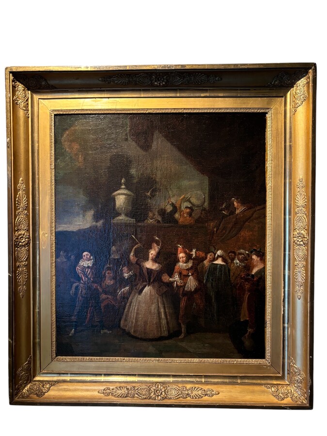 18th century painting ‘Dance scene with Harlequin’ oil on canvas. Decorative painting depicting a dance scene of nobles with a harlequin in a city garden in a beautiful gilt Empire frame. 