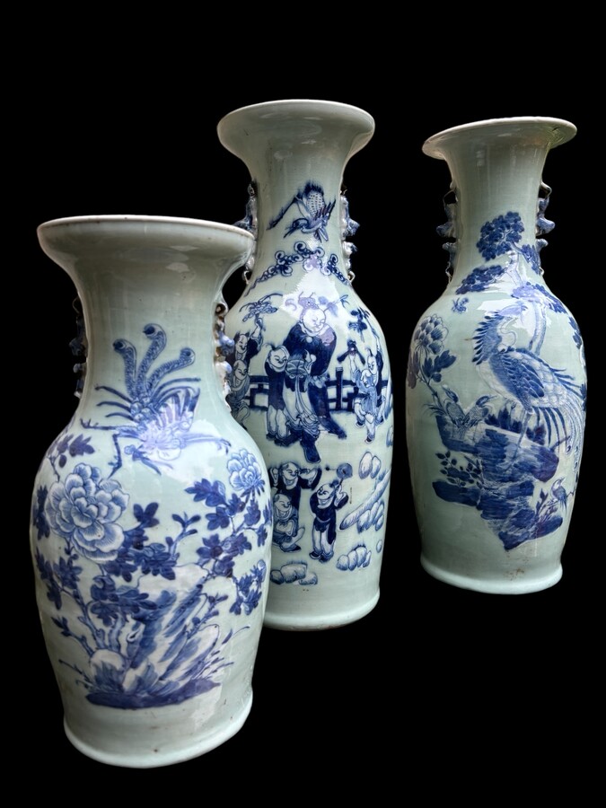 3 porcelain vases Celadon Asia circa 1900 3 different sized vases decorated with birds , flowers and persons. Some minimal defects and cracks in the glaze  Vase bird of paradise , height : 43,5 cm , width : 22 cm Vase with 9 characters , height : 60 cm , 