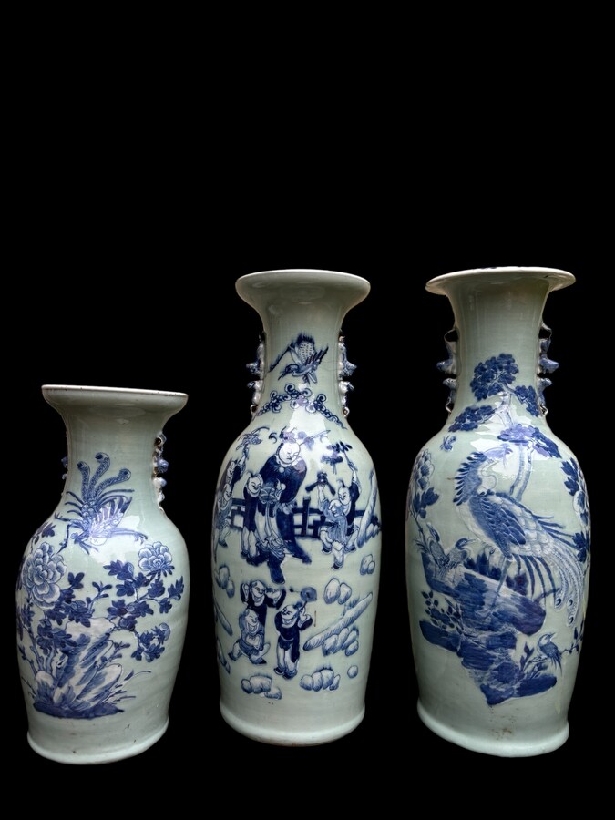 3 porcelain vases Celadon Asia circa 1900 3 different sized vases decorated with birds , flowers and persons. Some minimal defects and cracks in the glaze  Vase bird of paradise , height : 43,5 cm , width : 22 cm Vase with 9 characters , height : 60 cm , 