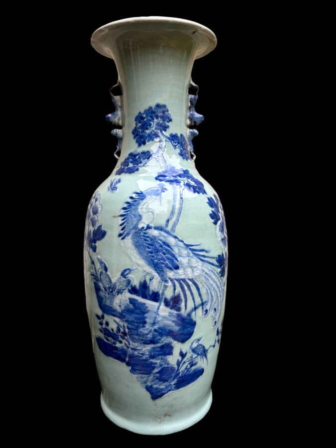 3 porcelain vases Celadon Asia circa 1900 3 different sized vases decorated with birds , flowers and persons. Some minimal defects and cracks in the glaze  Vase bird of paradise , height : 43,5 cm , width : 22 cm Vase with 9 characters , height : 60 cm , 