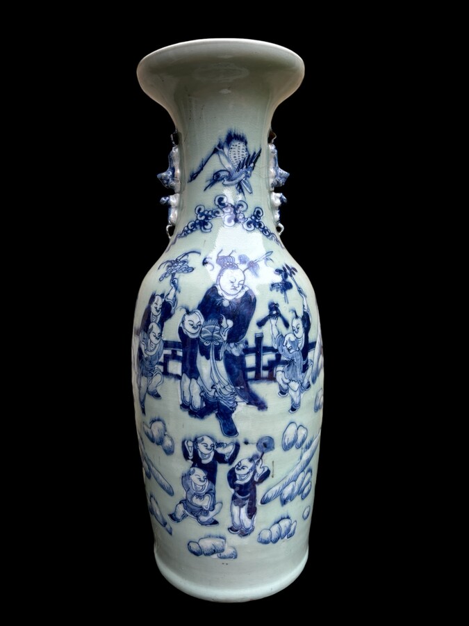 3 porcelain vases Celadon Asia circa 1900 3 different sized vases decorated with birds , flowers and persons. Some minimal defects and cracks in the glaze  Vase bird of paradise , height : 43,5 cm , width : 22 cm Vase with 9 characters , height : 60 cm , 