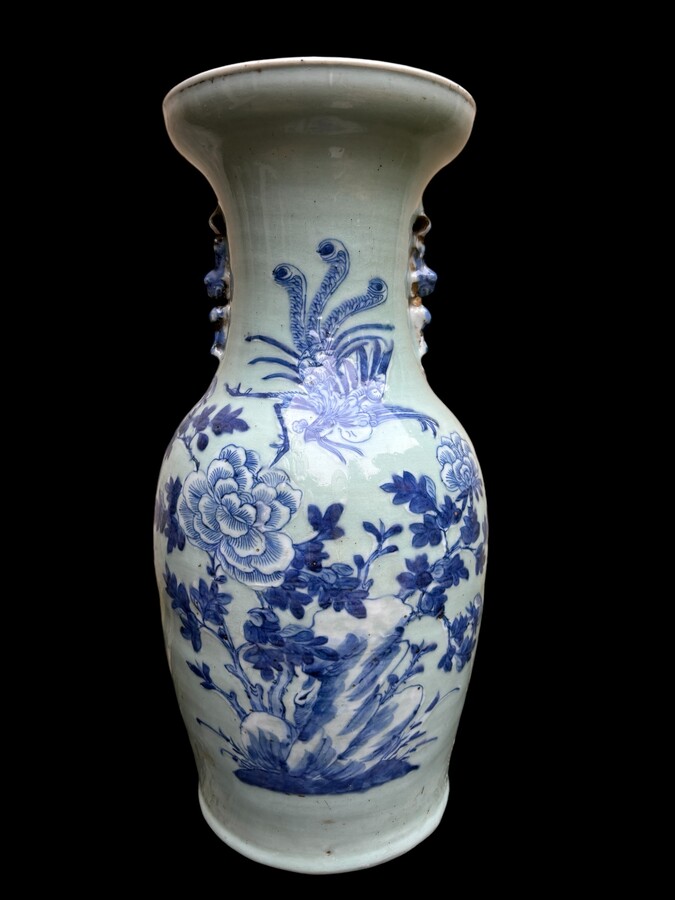 3 porcelain vases Celadon Asia circa 1900 3 different sized vases decorated with birds , flowers and persons. Some minimal defects and cracks in the glaze  Vase bird of paradise , height : 43,5 cm , width : 22 cm Vase with 9 characters , height : 60 cm , 