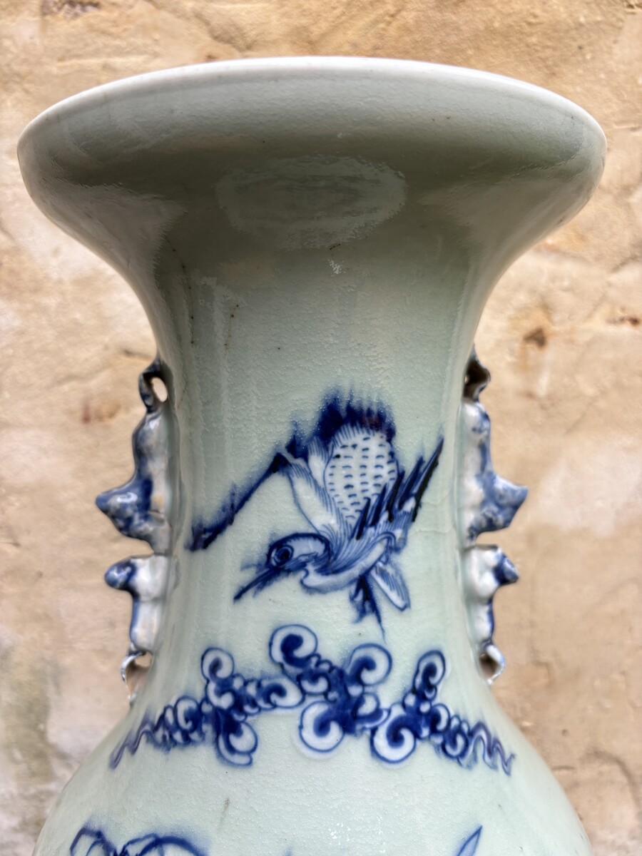 3 porcelain vases Celadon Asia circa 1900 3 different sized vases decorated with birds , flowers and persons. Some minimal defects and cracks in the glaze  Vase bird of paradise , height : 43,5 cm , width : 22 cm Vase with 9 characters , height : 60 cm , 