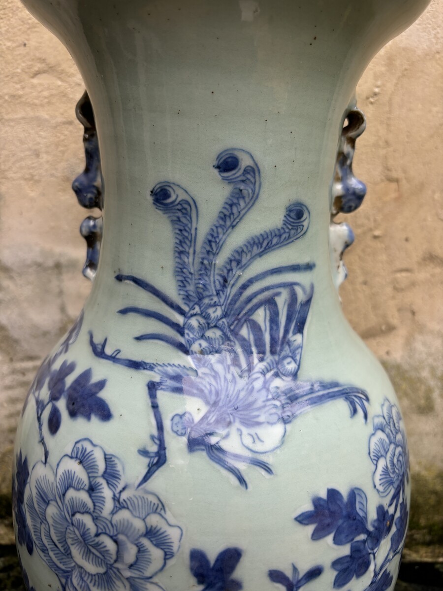 3 porcelain vases Celadon Asia circa 1900 3 different sized vases decorated with birds , flowers and persons. Some minimal defects and cracks in the glaze  Vase bird of paradise , height : 43,5 cm , width : 22 cm Vase with 9 characters , height : 60 cm , 