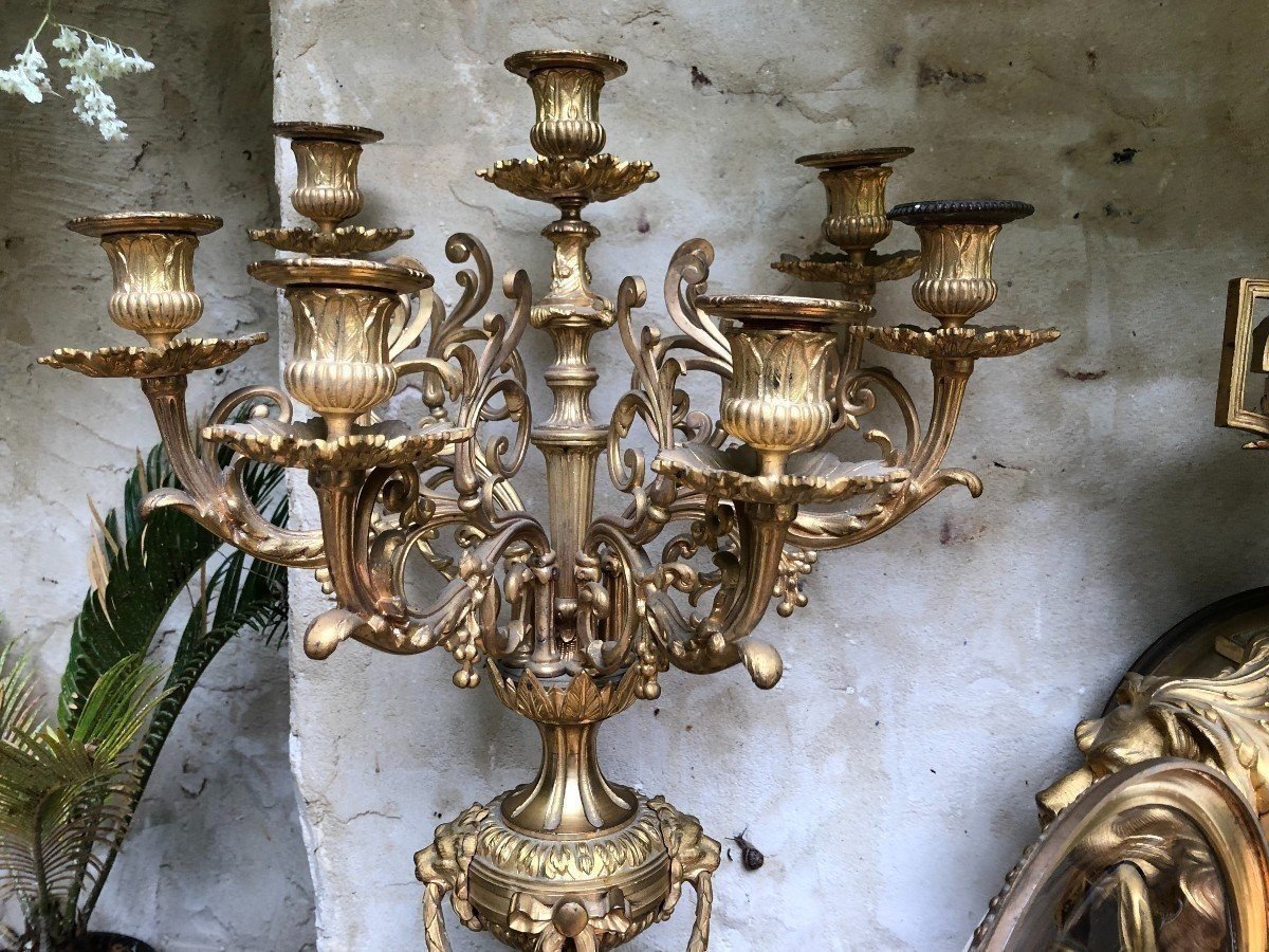 A Large Gilt Bronze LXVI Style Mantelpiece Paris, 19th Century. The Clock And The Candelabras Are Gilded With Matt And Bright Gold. Clock Signed By G.Philippe, Palais Royal 66 & 67 In Paris. Dimensions Clock: 68 Cm High, 42 Cm Wide And 24 Cm Deep.