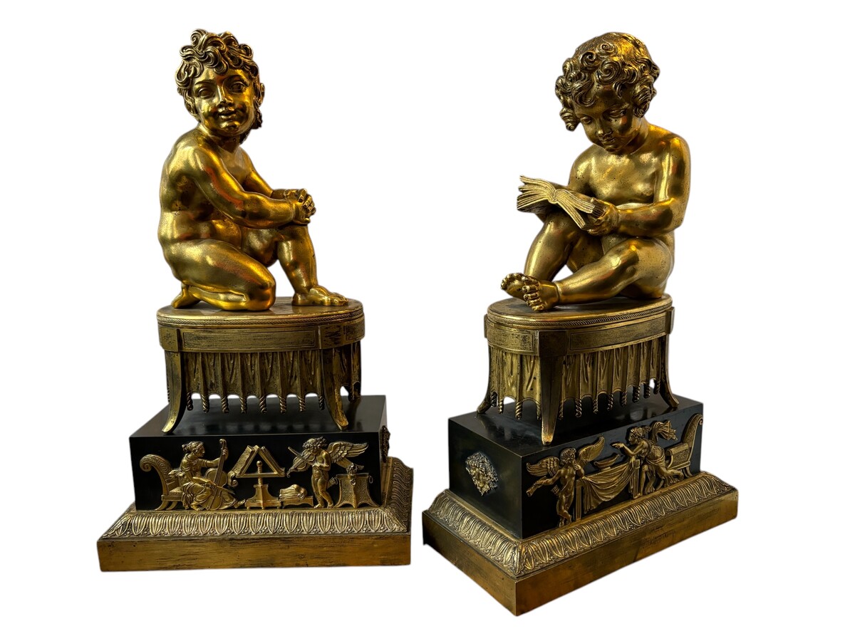 A pair of early 19th century gilt and patinated bronze sculptures. Quality bronzes with very fine details. Both sculptures are in very good condition with signs of use to the gilding