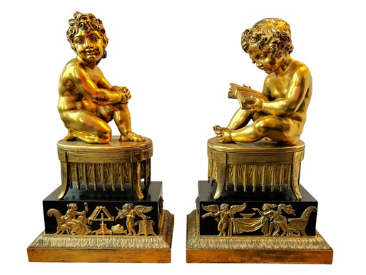 A pair of early 19th century gilt and patinated bronze sculptures. Quality bronzes with very fine details. Both sculptures are in very good condition with signs of use to the gilding