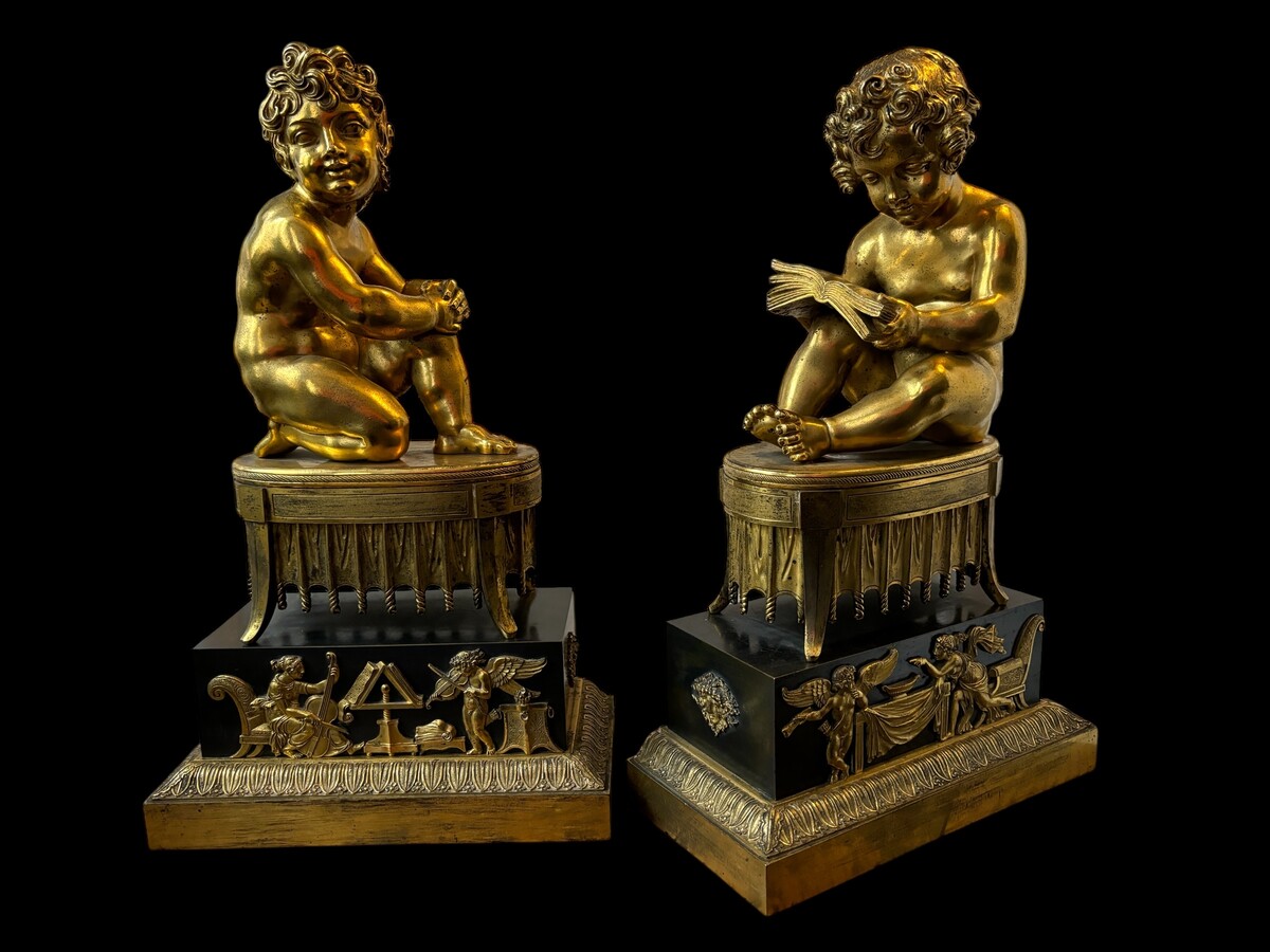 A pair of early 19th century gilt and patinated bronze sculptures. Quality bronzes with very fine details. Both sculptures are in very good condition with signs of use to the gilding