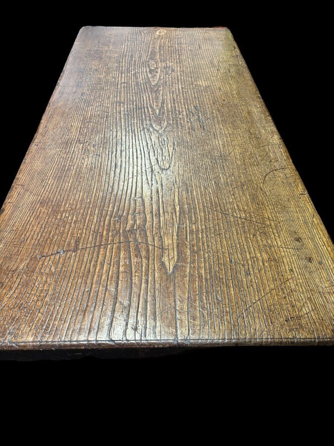 Beautiful Spanish table in Chestnut wood 17th century. Large sturdy table finished on 4 sides with beautiful wood carved decorations and fitted with 3 large drawers at the front. Beautiful thick top of 5 cm. Table in good condition