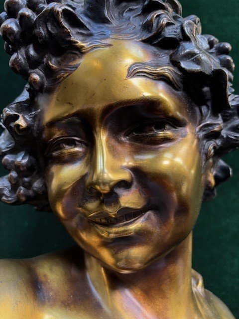 Charming bust ‘ Bacchus ’ in bronze signed by Nelson 19thC. Decorative bronze sculpture standing on a coloured marble base and signed at the back by Anton Nelson ( 1849-1910 ) Dimensions : Height : 53 cm