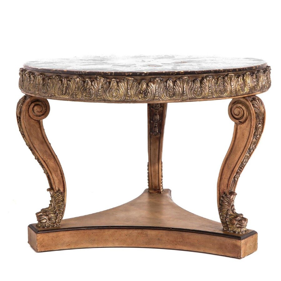 Decorative centre table with inlaid marble top 20th century. Nice 3-leg table decorated with ornaments, shells and animals with a top in marble mosaic on top. Dimensions : Height : 83 cm. Diameter : 112 ( top ) , 115 cm table edge 