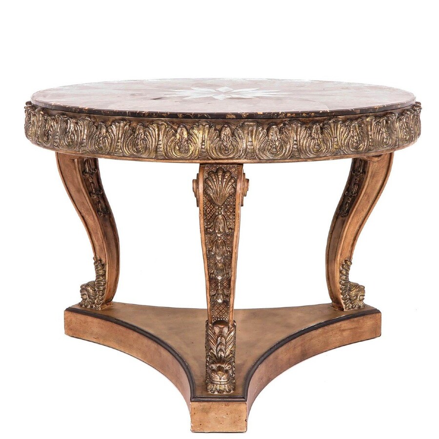 Decorative centre table with inlaid marble top 20th century. Nice 3-leg table decorated with ornaments, shells and animals with a top in marble mosaic on top. Dimensions : Height : 83 cm. Diameter : 112 ( top ) , 115 cm table edge 