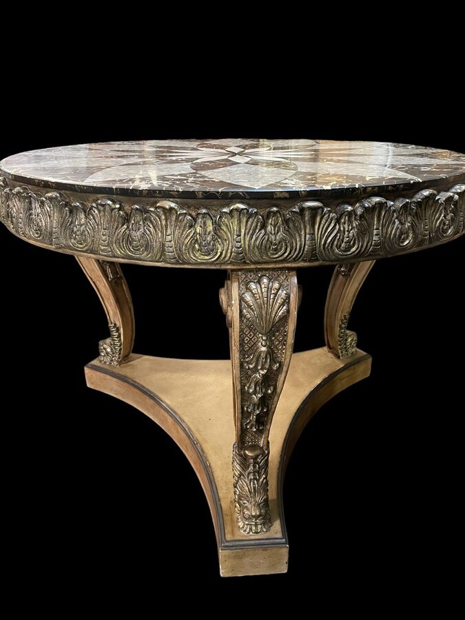 Decorative centre table with inlaid marble top 20th century. Nice 3-leg table decorated with ornaments, shells and animals with a top in marble mosaic on top. Dimensions : Height : 83 cm. Diameter : 112 ( top ) , 115 cm table edge 