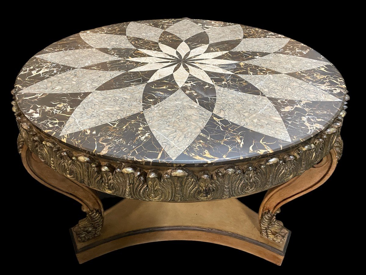 Decorative centre table with inlaid marble top 20th century. Nice 3-leg table decorated with ornaments, shells and animals with a top in marble mosaic on top. Dimensions : Height : 83 cm. Diameter : 112 ( top ) , 115 cm table edge 