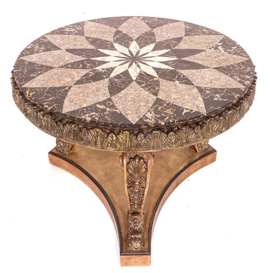 Decorative centre table with inlaid marble top 20th century. Nice 3-leg table decorated with ornaments, shells and animals with a top in marble mosaic on top. Dimensions : Height : 83 cm. Diameter : 112 ( top ) , 115 cm table edge 