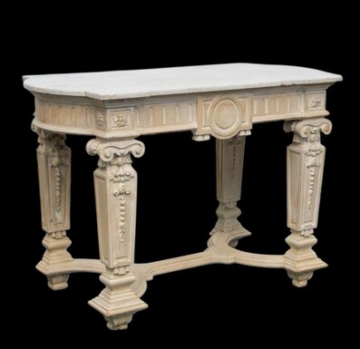 Decorative console of sculpted wood Louis XVI style late 19th century. Model with iconic columns minor damages and crack in marble top. Dimensions : Width: 125 cm Height: 87 cm Depth: 65,5 cm