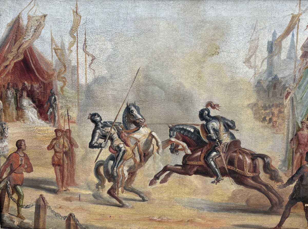 Decorative painting ‘ Knights fighting on horseback ’ early 19th century.  Nice painting oil on canvas depicting a scene of fighting knights on horseback supervised by a queen in a royal tent with bodyguards 