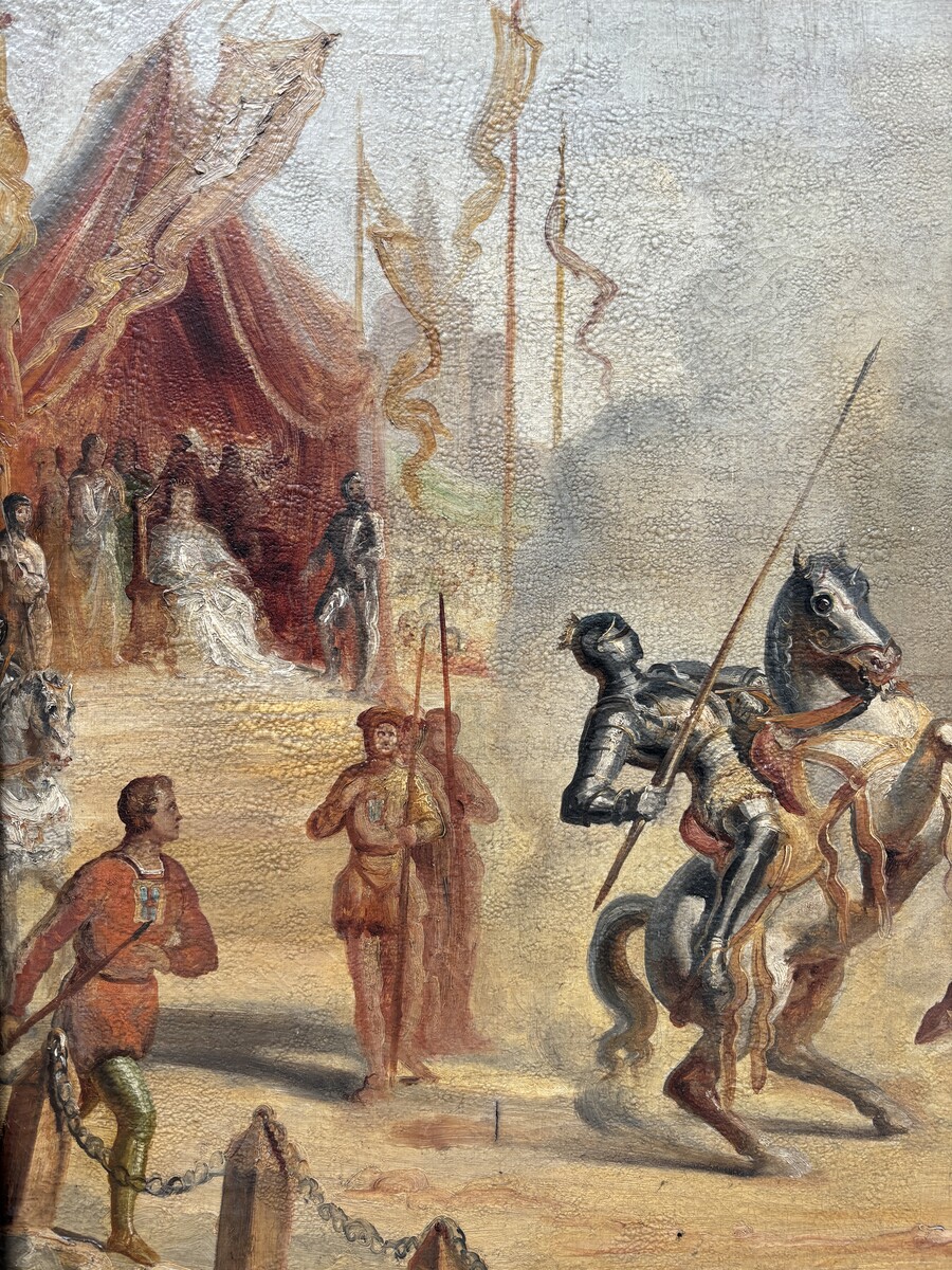 Decorative painting ‘ Knights fighting on horseback ’ early 19th century.  Nice painting oil on canvas depicting a scene of fighting knights on horseback supervised by a queen in a royal tent with bodyguards 