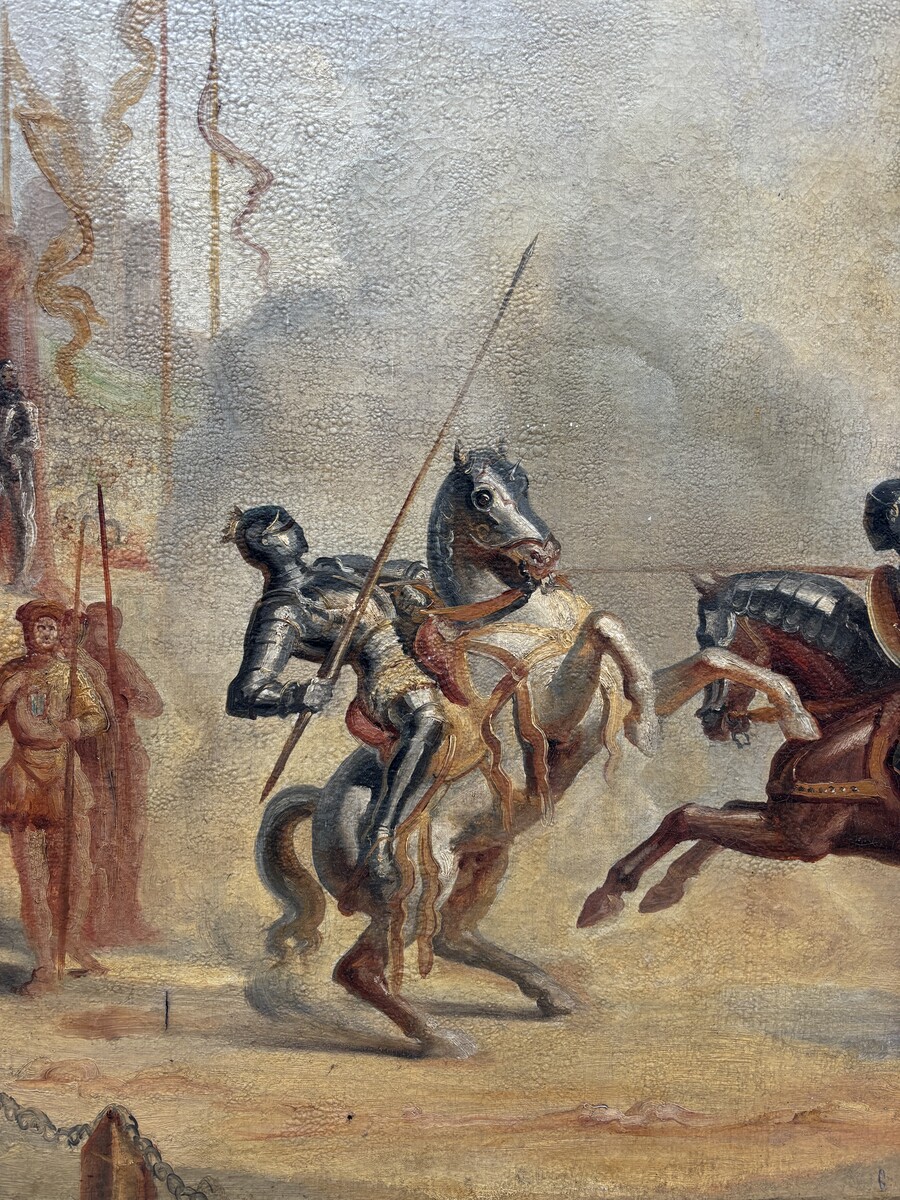 Decorative painting ‘ Knights fighting on horseback ’ early 19th century.  Nice painting oil on canvas depicting a scene of fighting knights on horseback supervised by a queen in a royal tent with bodyguards 