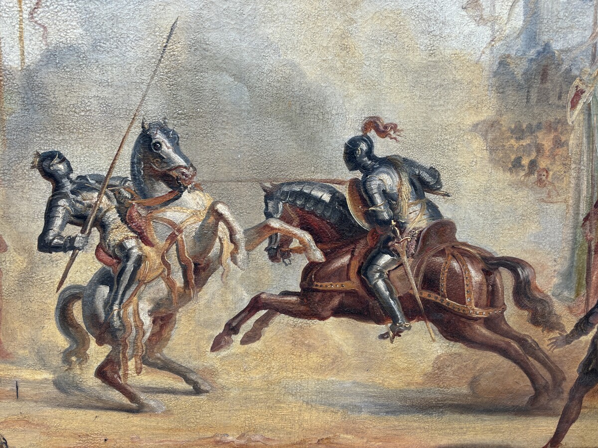 Decorative painting ‘ Knights fighting on horseback ’ early 19th century.  Nice painting oil on canvas depicting a scene of fighting knights on horseback supervised by a queen in a royal tent with bodyguards 