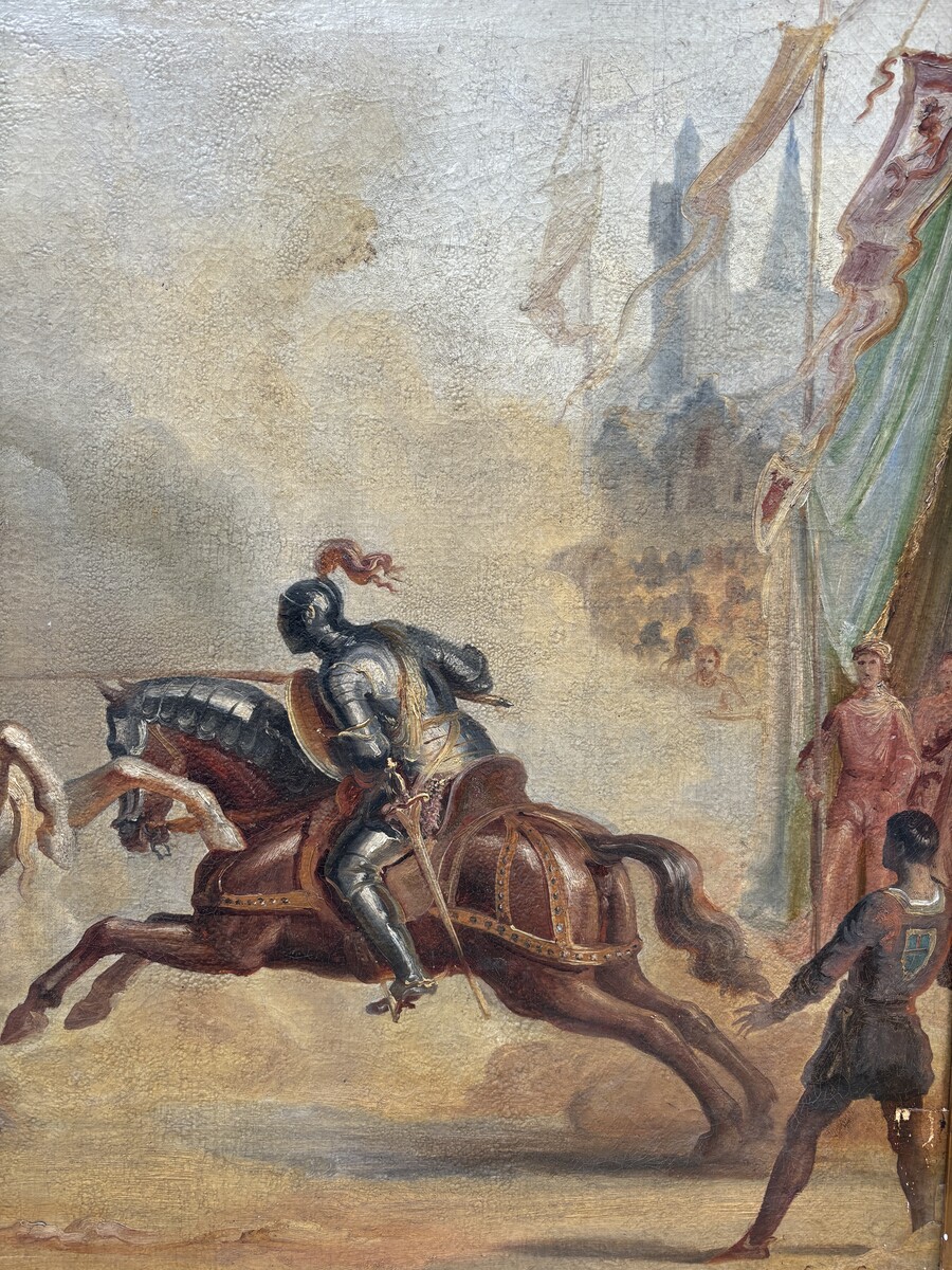 Decorative painting ‘ Knights fighting on horseback ’ early 19th century.  Nice painting oil on canvas depicting a scene of fighting knights on horseback supervised by a queen in a royal tent with bodyguards 