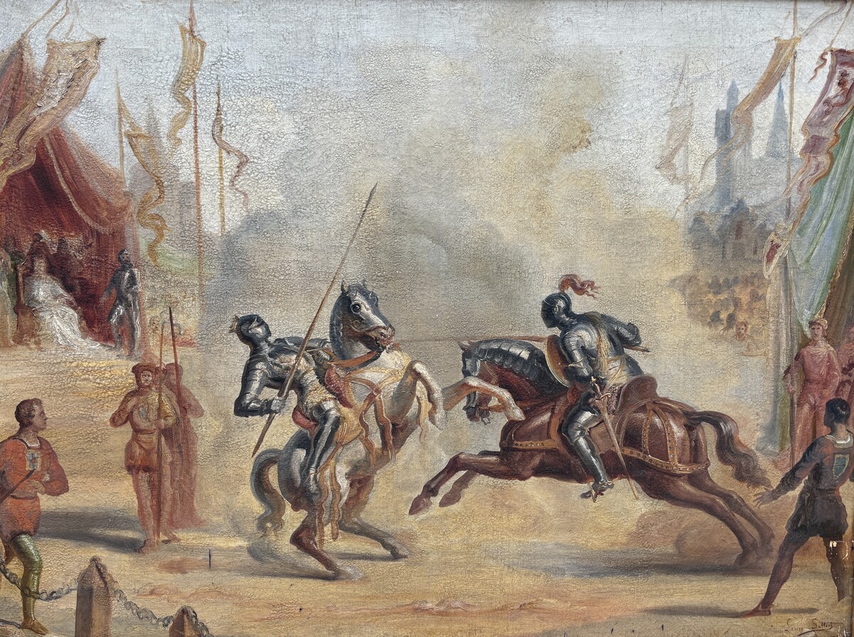 Decorative painting ‘ Knights fighting on horseback ’ early 19th century.  Nice painting oil on canvas depicting a scene of fighting knights on horseback supervised by a queen in a royal tent with bodyguards 