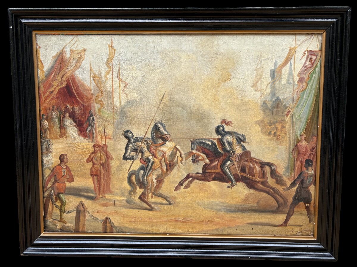 Decorative painting ‘ Knights fighting on horseback ’ early 19th century.  Nice painting oil on canvas depicting a scene of fighting knights on horseback supervised by a queen in a royal tent with bodyguards 