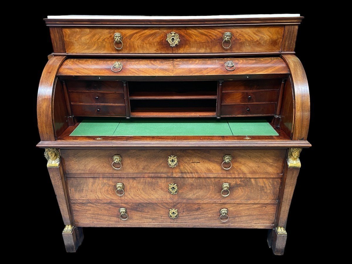  Empire desk made by cabinetmaker Jean-Joseph Chapuis ( 1765-1864 ) in good condition. The legs could use a small restoration. The desk has a white marble top and 2 extensions of 45 cm left and right. 