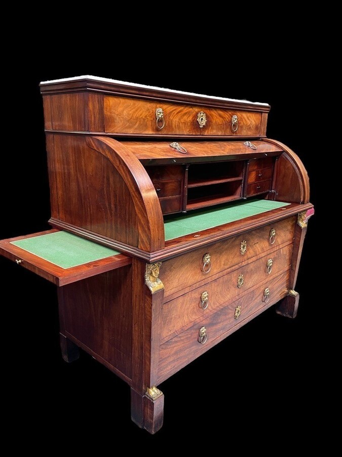  Empire desk made by cabinetmaker Jean-Joseph Chapuis ( 1765-1864 ) in good condition. The legs could use a small restoration. The desk has a white marble top and 2 extensions of 45 cm left and right. 