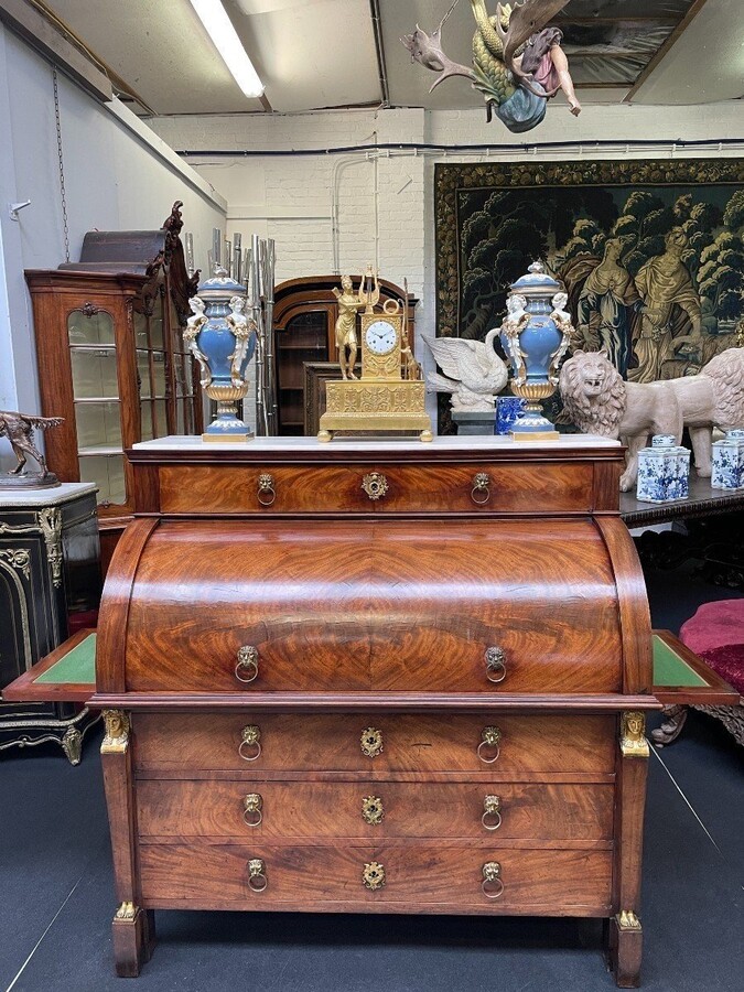  Empire desk made by cabinetmaker Jean-Joseph Chapuis ( 1765-1864 ) in good condition. The legs could use a small restoration. The desk has a white marble top and 2 extensions of 45 cm left and right. 