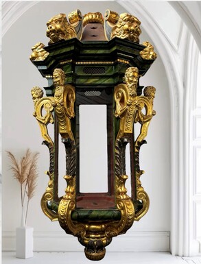 Giant carved, painted and gilded wooden ship's lantern based on a 17th century model ( 181 cm high ! ) Magnificent large lantern made in the 20th century based on a 17th century model of a Dutch VOC sailing ship. 