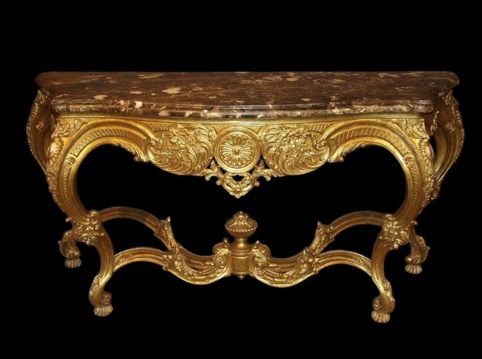 Large 4-foot console Louis XV style in gilded wood 19th century Beautiful large console with original gilding and 4 cm thick marble top. Marble in very good condition , base in wood has some old restorations on the legs. Dimensions : Width : 191 cm 