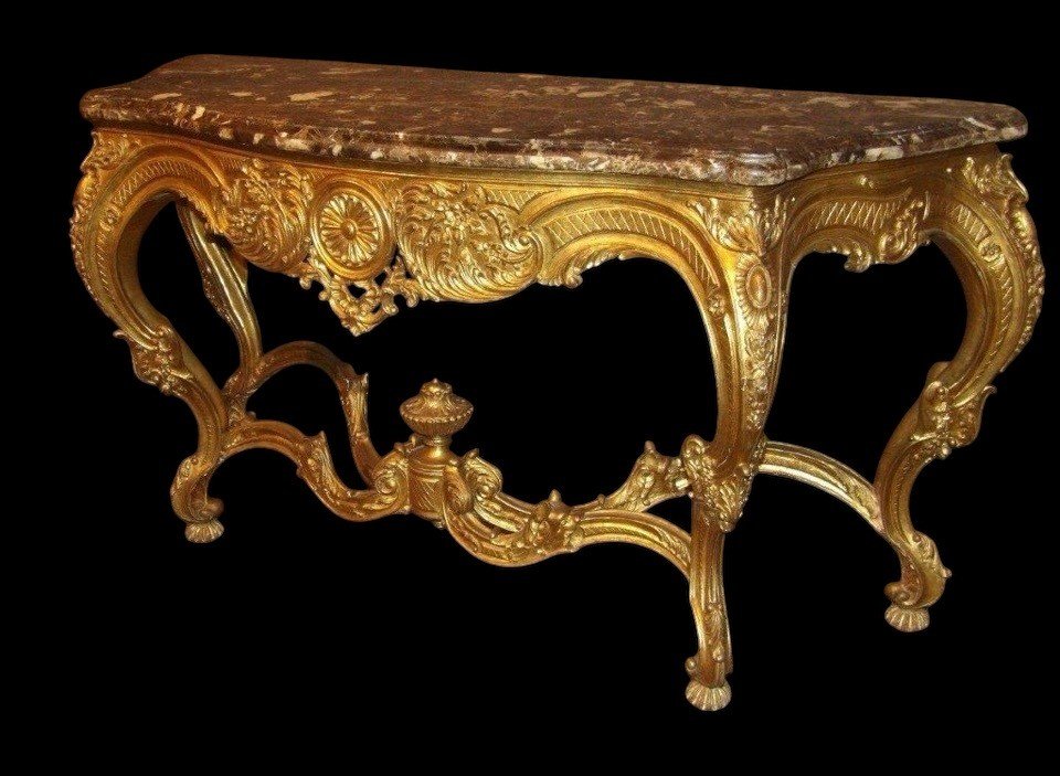 Large 4-foot console Louis XV style in gilded wood 19th century Beautiful large console with original gilding and 4 cm thick marble top. Marble in very good condition , base in wood has some old restorations on the legs. Dimensions : Width : 191 cm 