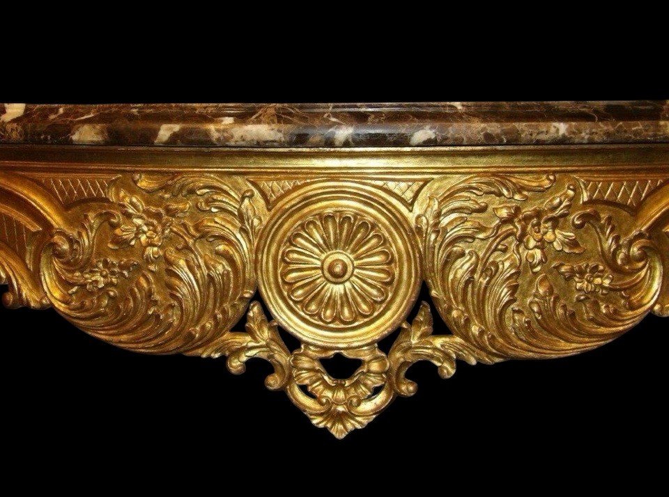 Large 4-foot console Louis XV style in gilded wood 19th century Beautiful large console with original gilding and 4 cm thick marble top. Marble in very good condition , base in wood has some old restorations on the legs. Dimensions : Width : 191 cm 