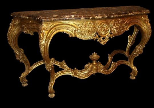 Large 4-foot console Louis XV style in gilded wood 19th century Beautiful large console with original gilding and 4 cm thick marble top. Marble in very good condition , base in wood has some old restorations on the legs. Dimensions : Width : 191 cm Height