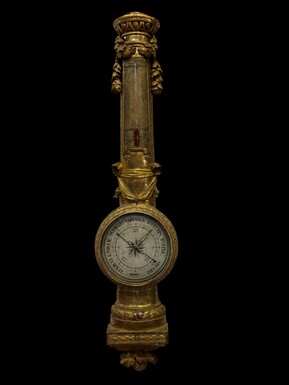 Large Barometer Muret à Paris in gilded wood 18th century Louis Seize decorative barometer in good condition ( cracked glass ) Dimensions : Height : 107 cm Diameter : 25,5 cm Paris, 18th century