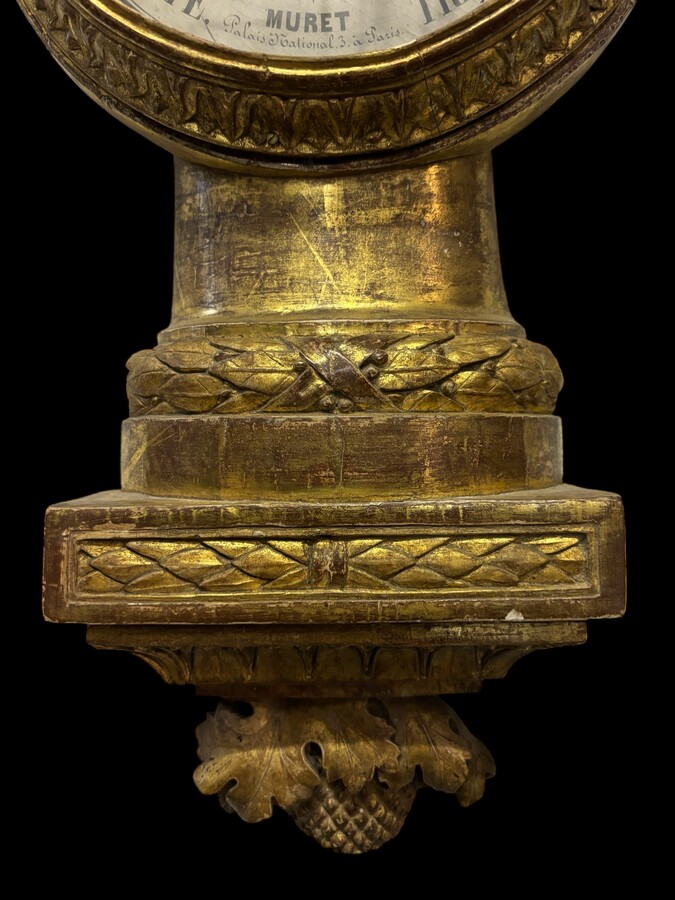 Large Barometer Muret à Paris in gilded wood 18th century Louis Seize decorative barometer in good condition ( cracked glass ) Dimensions : Height : 107 cm Diameter : 25,5 cm Paris, 18th century