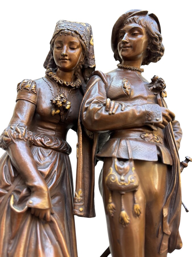 Large bronze double sculpture ‘nobles’ by A.GAUDEZ , 19th century Quality sculpture with superb details and a double patina representing a noble couple, standing on a turntable and signed by A.GAUDEZ 