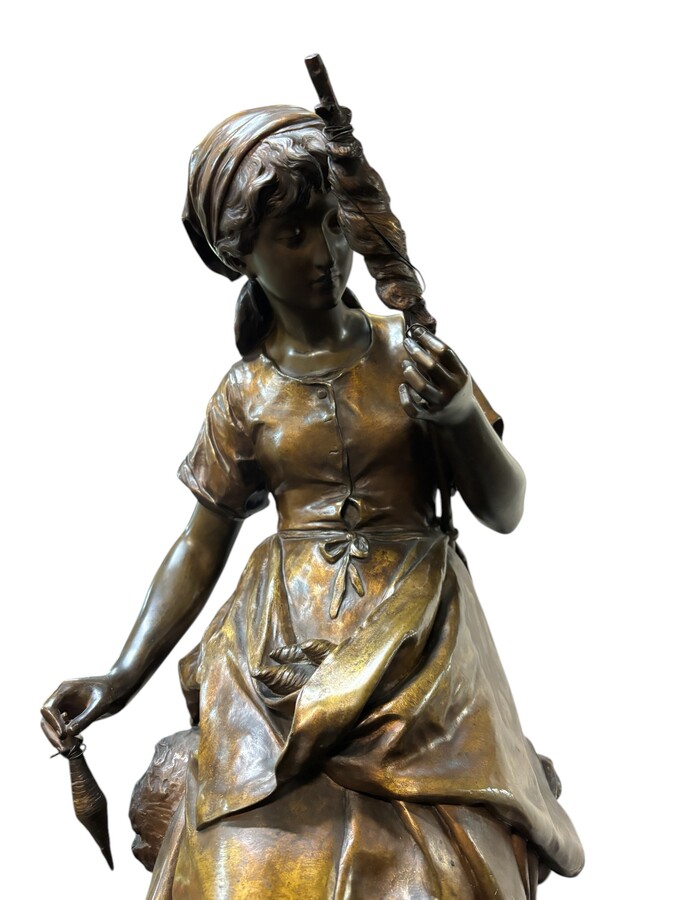 Large bronze sculpture ‘ The spinster ’ by Math.Moreau 19th century. Jolie sculpture signed Mathurin Moreau (1822-1912) and foundry stamp Paris. In good condition with dent/deformation in one side of the base Height : 73,5 cm 