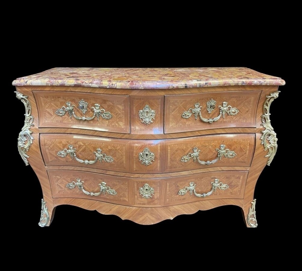 Large commode in Louis XV style 19th century Dresser with parquet veneer, gilt bronze ornaments and fitted with 2 small drawers at the top and 2 large ones below. At the top a beautiful Plateau en Marbre Breche d'Alep. Dimensions : Width : 139 cm