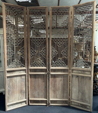 Large , decorative 4-piece door in solid wood 19thC. The doors have openwork panels at the top and closed panels at the bottom and have their original wrought iron fittings and a beautiful natural patina Dimensions : Height : 278 cm Total width : 240 cm