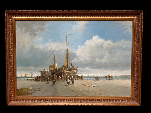 Large decorative painting ‘view of the beach’ oil on canvas 20th century. Beautiful painting depicting a beach scene with people, a horse with a cart and boats after fishing. Oil on canvas 