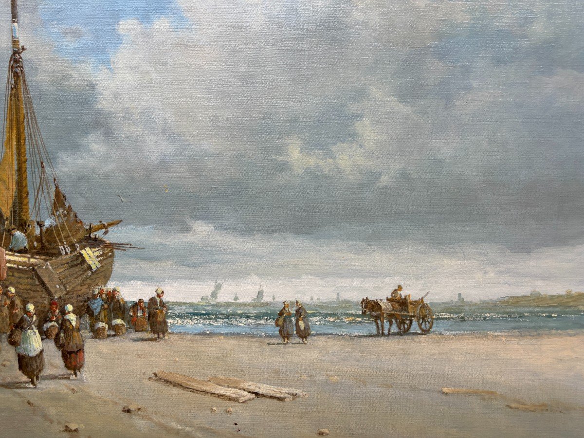 Large decorative painting ‘view of the beach’ oil on canvas 20th century. Beautiful painting depicting a beach scene with people, a horse with a cart and boats after fishing. Oil on canvas